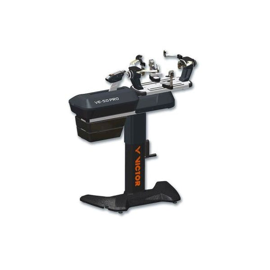 professional stringing machine, Victor VE‑50, badminton & tennis stringer, electronic stringing, linear pull tension system, stainless steel clamps, adjustable tension (11‑88 lbs), racket stringing tool, machine for stringing shop, pro stringing equipment, durable stringing machine, USA/Taiwan made, powered stringing stand, reliable tension control, club level stringer