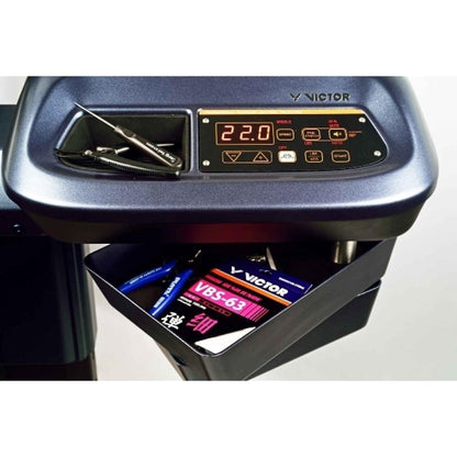 professional stringing machine, Victor VE‑50, badminton & tennis stringer, electronic stringing, linear pull tension system, stainless steel clamps, adjustable tension (11‑88 lbs), racket stringing tool, machine for stringing shop, pro stringing equipment, durable stringing machine, USA/Taiwan made, powered stringing stand, reliable tension control, club level stringer